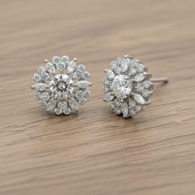 Elegant Silver-Tone CZ Floral Stud Earrings for Women