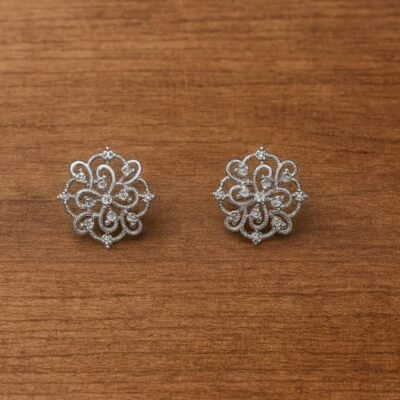 Elegant Silver-Tone CZ Floral Stud Earrings